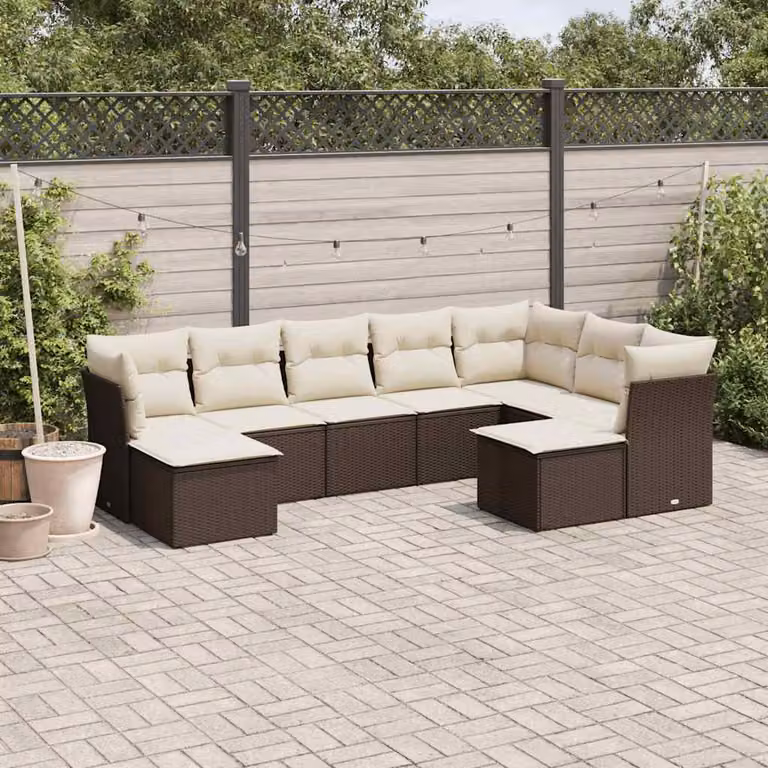 Set di divani da giardino vidaXL 9 pezzi con cuscini marroni e bianchi in rattan e metallo per esterno