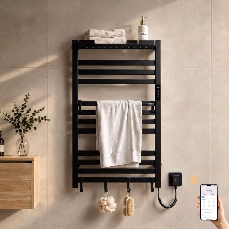 S'AFIELINA Scaldasalviette elettrico bagno con ripiano 950 × 600 mm 375 W Nero,Termoarredo elettrico bagno WiFi con app