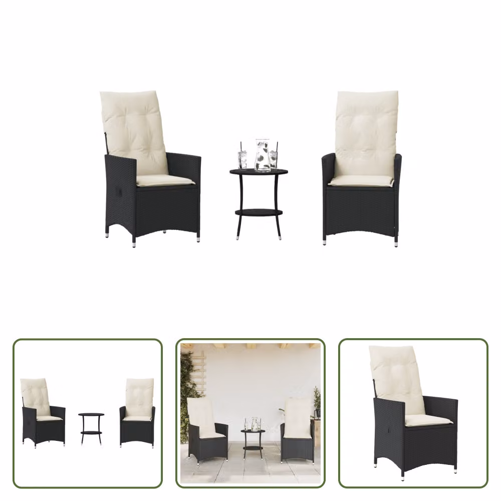 The Living Store Set bistrot 3 pezzi con cuscini in poly rattan nero