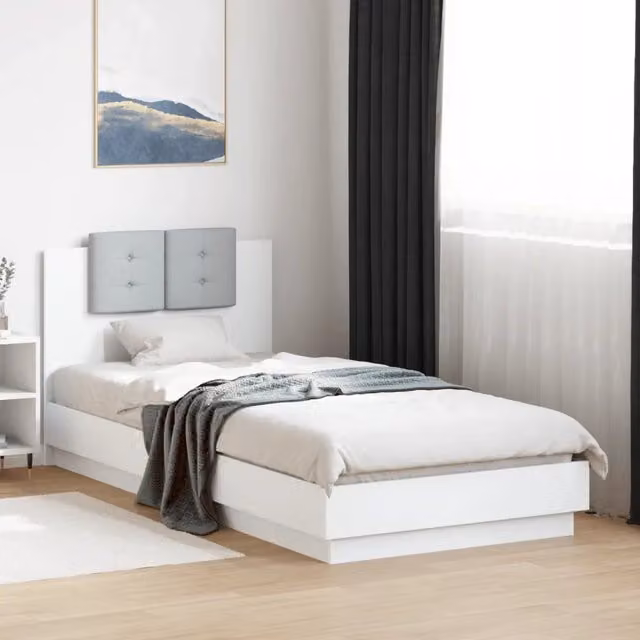 Letto con testiera imbottita in tessuto e struttura in legno multistrato Bianco e Grigio L/P/H: 204.5 x 102.0 x 84.0 cm