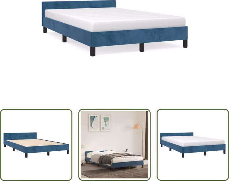 The Living Store Struttura letto con testiera in velluto blu scuro 120x190 cm