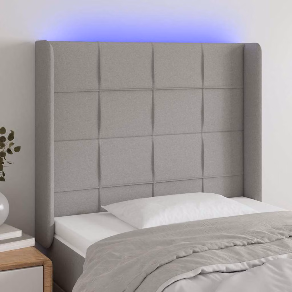 Testiera per letto vidaXL in tessuto grigio con illuminazione LED e porta di ricarica USB, L: 103 cm, P: 16 cm, H: 118-128 cm