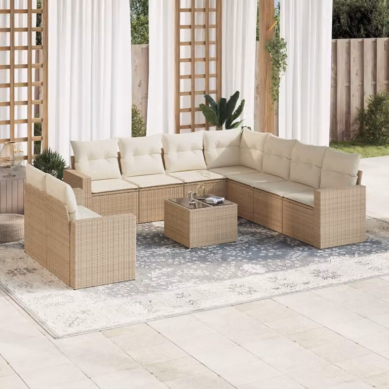 vidaXL Set Divano da Giardino 10 pz Moderno con Cuscini Beige e Tavolino in Polyrattan e Acciaio