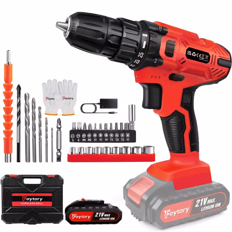 Trapano avvitatore a batteria da 21V - 45 Nm - 2 velocità - 1200 giri/min - Diametro massimo di foratura: 23 mm - 1 batteria - Colore: rosso