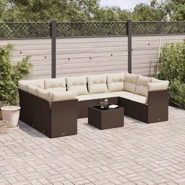 Set Divani da Giardino 10pz con Cuscini in Polyrattan Marrone 3249982