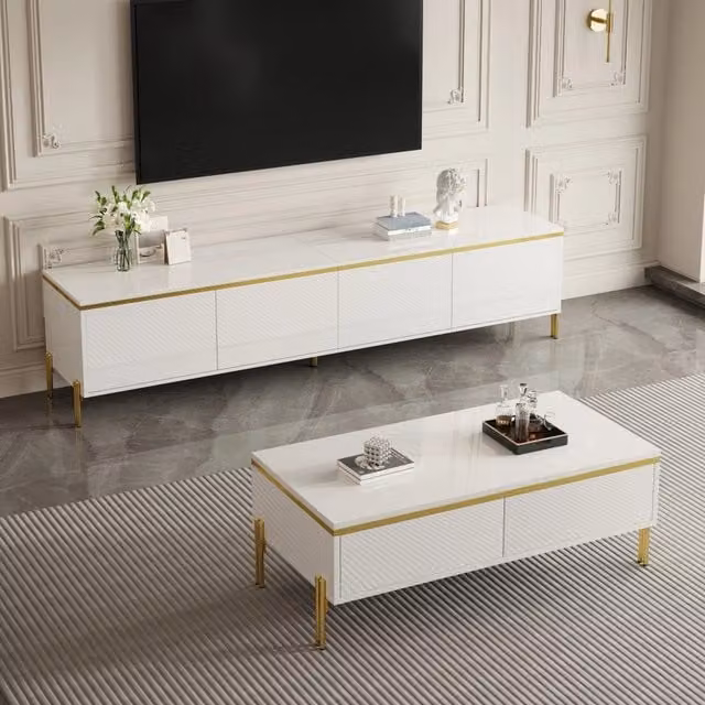 Set mobile TV e tavolino 170x38x50 cm e 100x50x36 cm con contenitori in truciolato bianco
