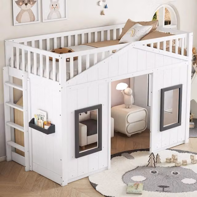 Letto a castello per bambini 2 posti 90 × 200 cm, scala, ripiano e finestre, senza materasso, bianco e grigio