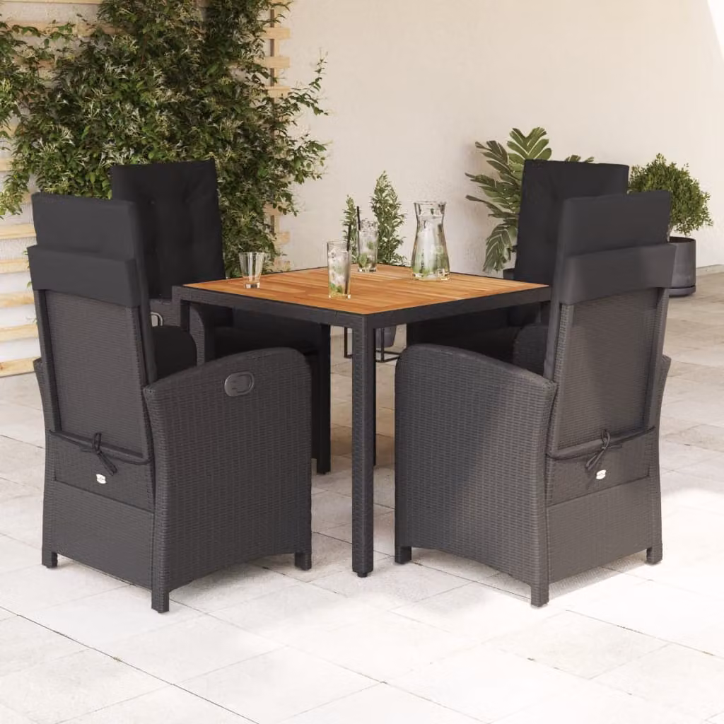 Set da pranzo da giardino vidaXL in polyrattan e legno di acacia con tavolo in vetro, 5 pezzi, Nero e Marrone