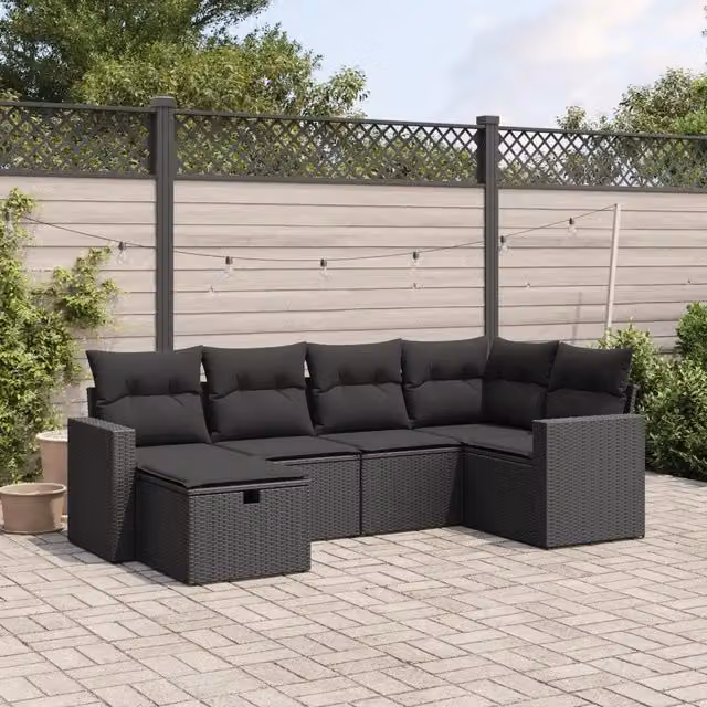 Set Divano da Giardino a L vidaXL 6 pz Nero con Cuscini in Polyrattan e Struttura in Acciaio