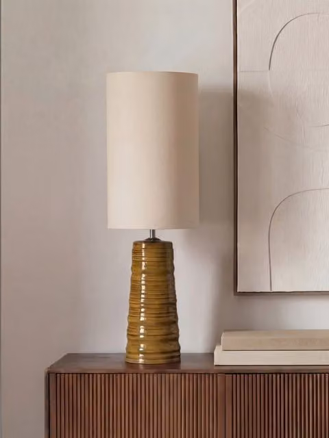 Lampada da tavolo Brun Kenay Home in ceramica e tessuto color giallo e bianco H: 75 cm, L: 24 cm, P: 24 cm