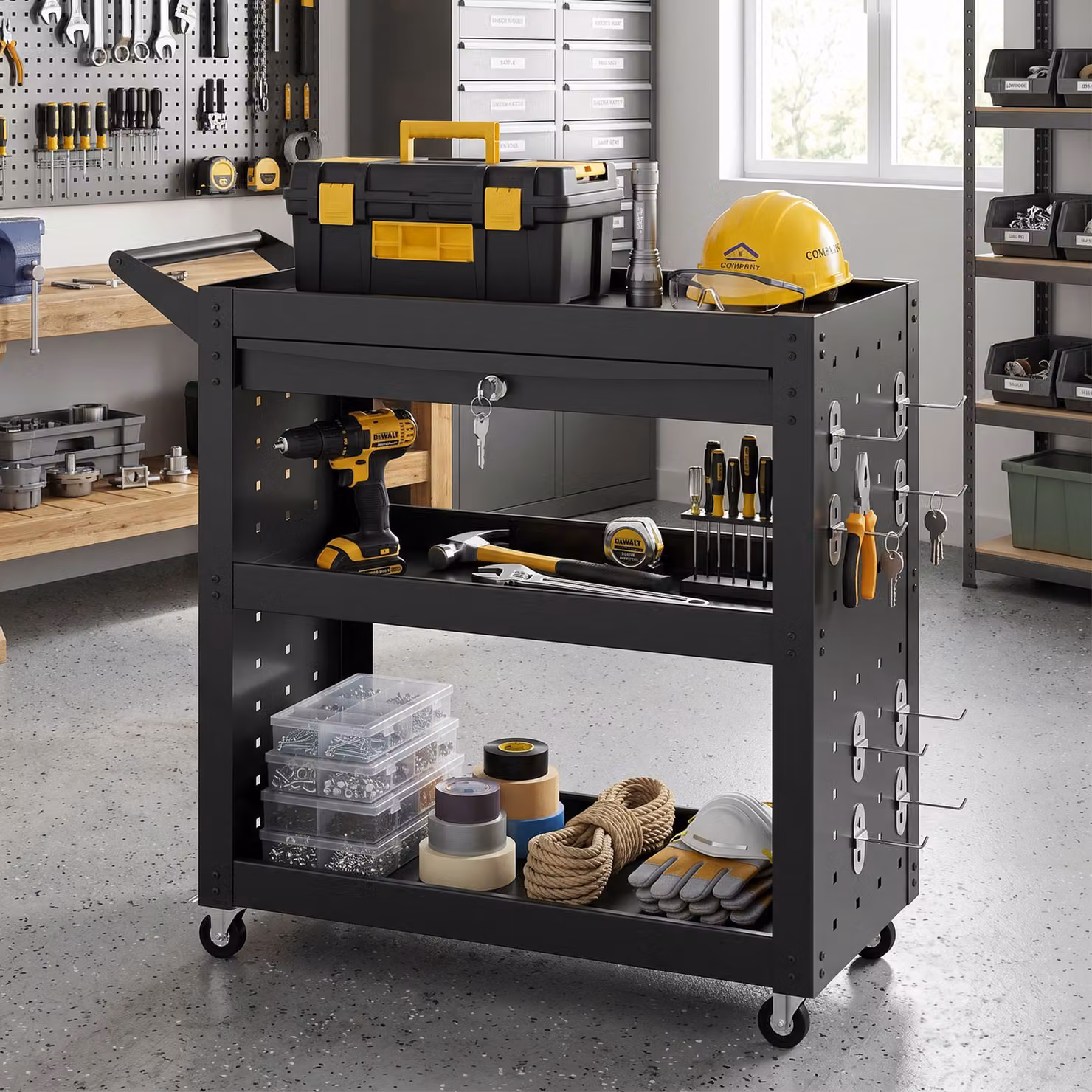 Carrello da Officina Mobile HOMCOM con 3 Livelli, Cassetto e Pannelli Forati, Nero – 2