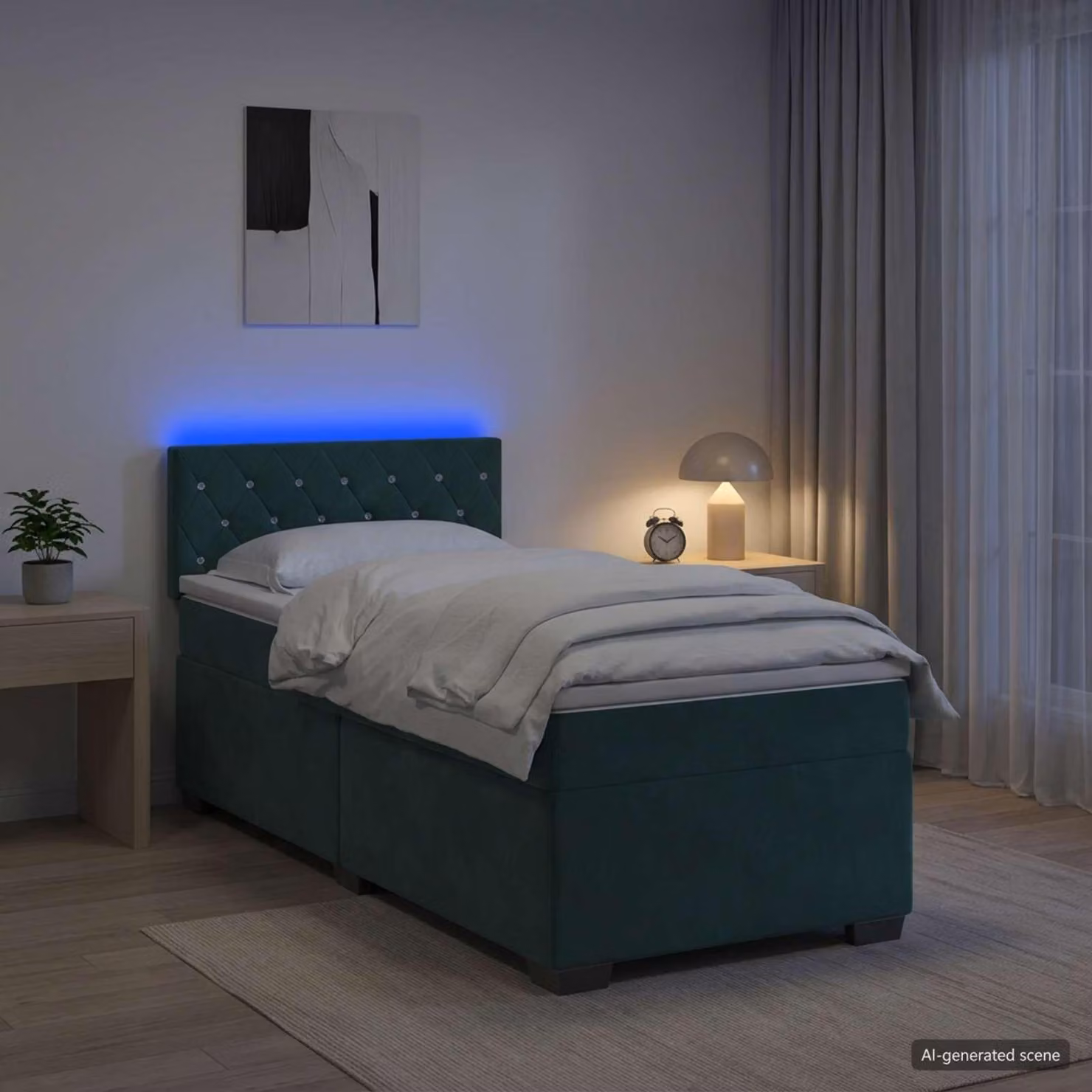 Letto a molle con materasso e illuminazione LED, colore verde scuro, 100 x 200 cm, rivestito in velluto