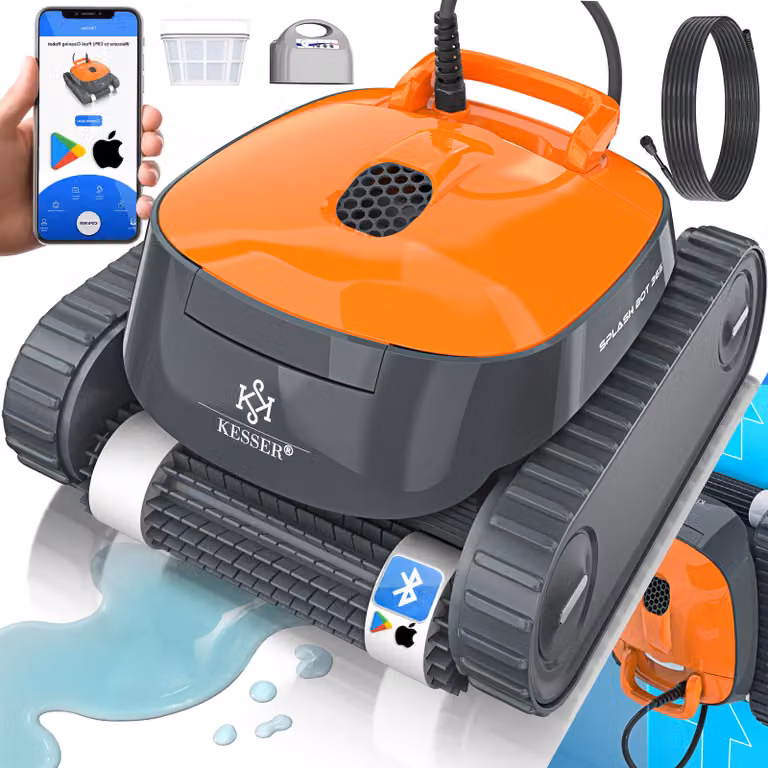 Robot pulitore per piscine KESSER® per fondo e pareti, aspirapolvere per piscine fino a 100 m², pulizia potente, pulitore per piscine completamente automatico con funzione app e modulo di controllo, include copertura e meccanismo di arrampicata