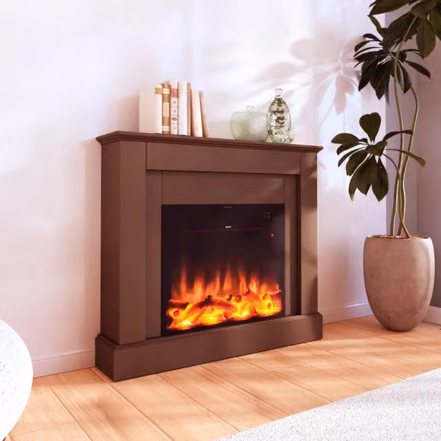 Caminetto Elettrico Da Pavimento Mpc Camillo Marrone Da 100cm Rivestimento In Legno Marrone 1500w Effetto Fiamma Led Ultra Realistico Termostato Automatico Telecomando