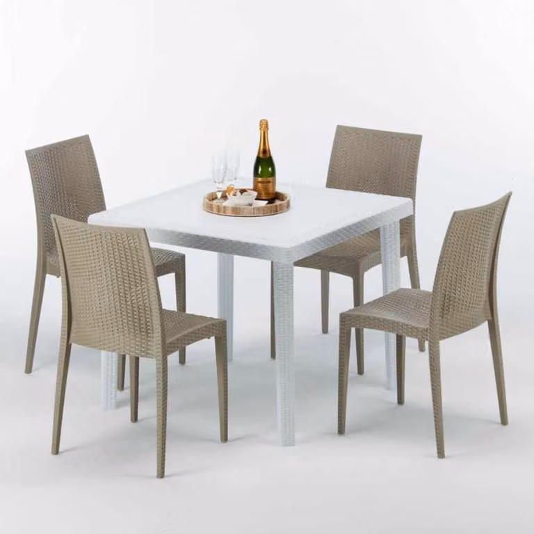 Tavolo quadrato bianco e 4 sedie in polipropilene colorato per esterni Grand Soleil Bistrot Love - Beige