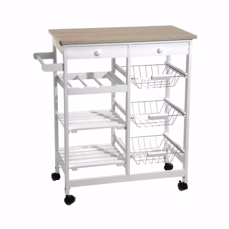 Carrello da cucina Wonto Vestiamo Casa in legno di pino e metallo bianco con ruote, stile scandinavo, H: 81.0 cm, L: 76.0 cm, P: 37.0 cm