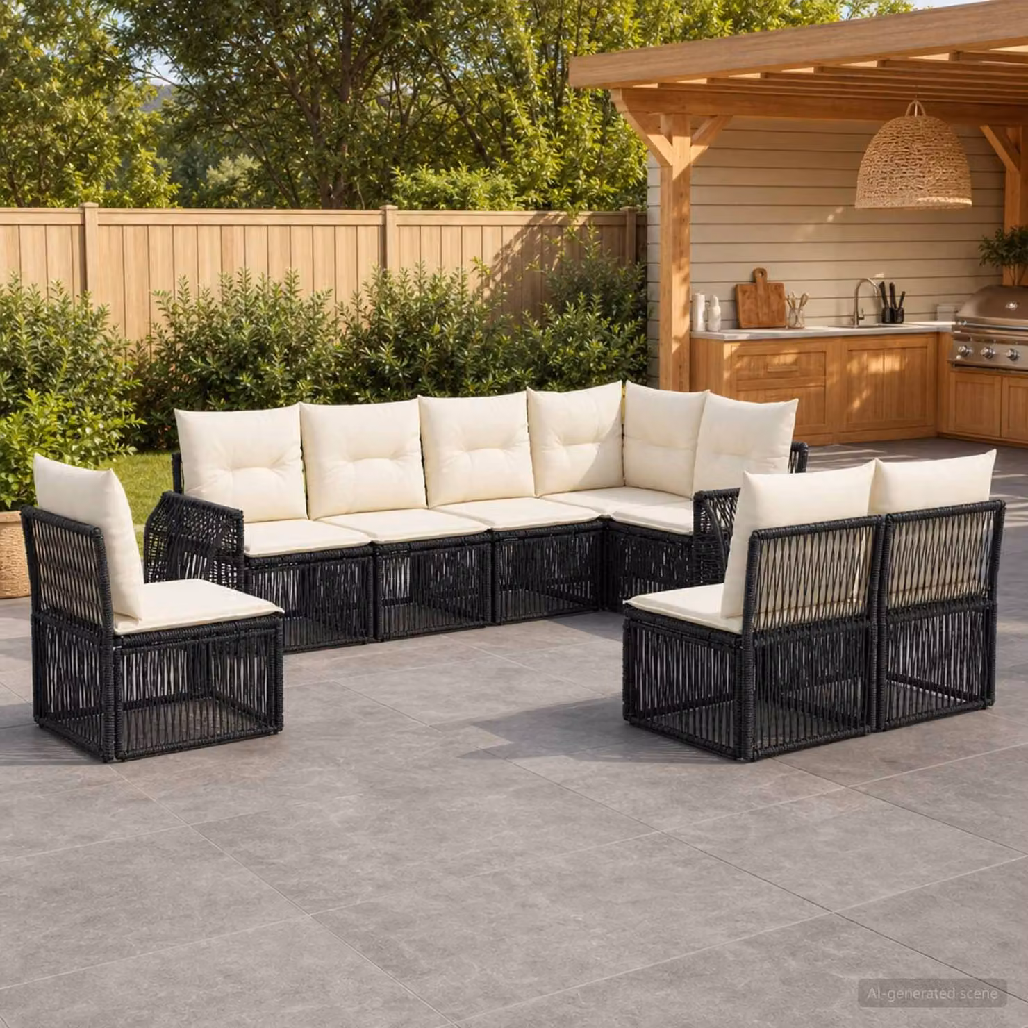 Set Divano da Giardino a L vidaXL 8 pz Nero e Bianco con Cuscini Imbottiti e Struttura in Metallo