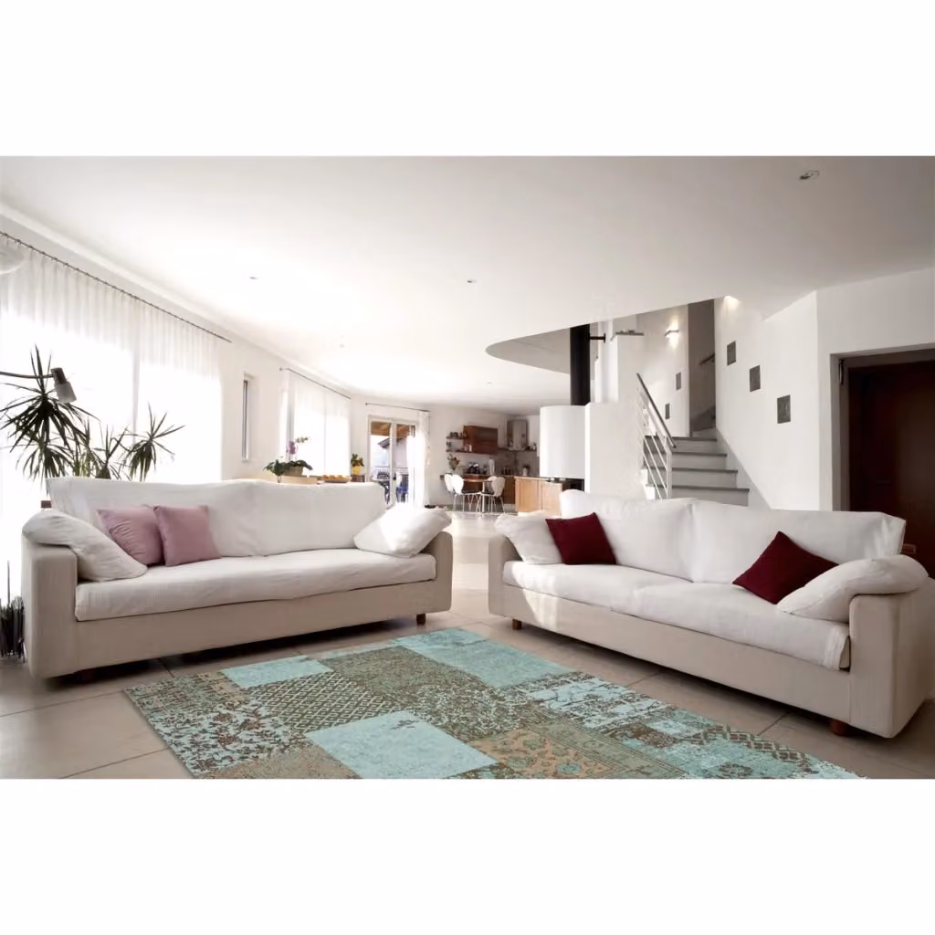Tappeto Jacquard in cotone KENDRA HOME stile patchwork moderno, colori turchese, marrone e beige, rettangolare – 2