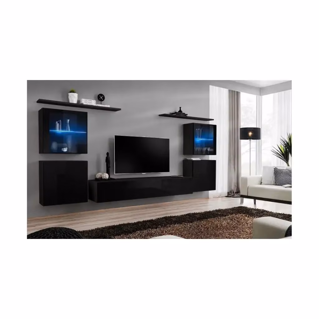 Composizione murale SWITCH XIV Meublorama mobile TV sospeso nero lucido con illuminazione LED integrata e ante in vetro L: 320 cm, P: 40 cm, H: 7 cm – 2