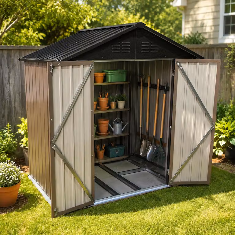 Capanno da giardino in metallo, dimensioni 184,4 x 127,2 x 191,5 cm, superficie 1,95 m², acciaio zincato, tetto a spiovente, porta a due ante, sistema di ventilazione, telaio per il pavimento, colore marrone-nero