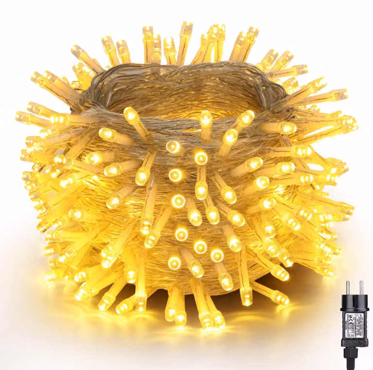Catena luminosa a LED, 200 luci bianco caldo, 20 metri, grado di protezione IP44, 8 modalità, timer