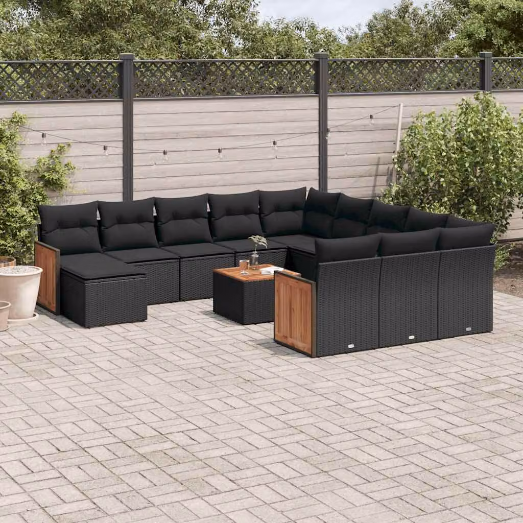 Set di divani da giardino vidaXL 13 pezzi in polyrattan nero con cuscini e tavolino da esterno – 1