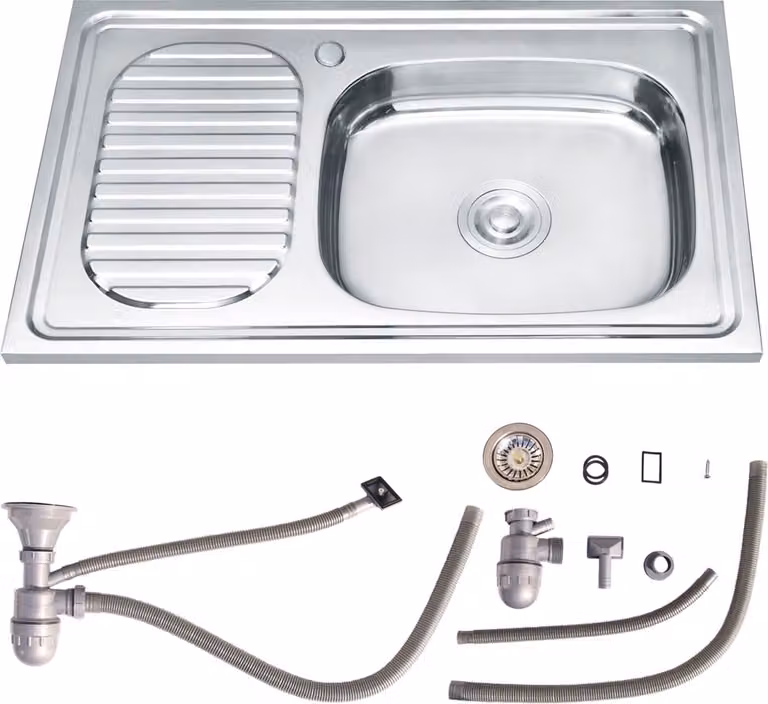Lavello da incasso in acciaio inox 75x45 cm con vasca rotonda a destra, sgocciolatoio a sinistra e sifone