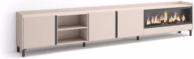 Mobile TV Soggiorno, 315x61x35 cm, Per TV fino a 80", Camino elettrico XXL, Design industriale, Beige