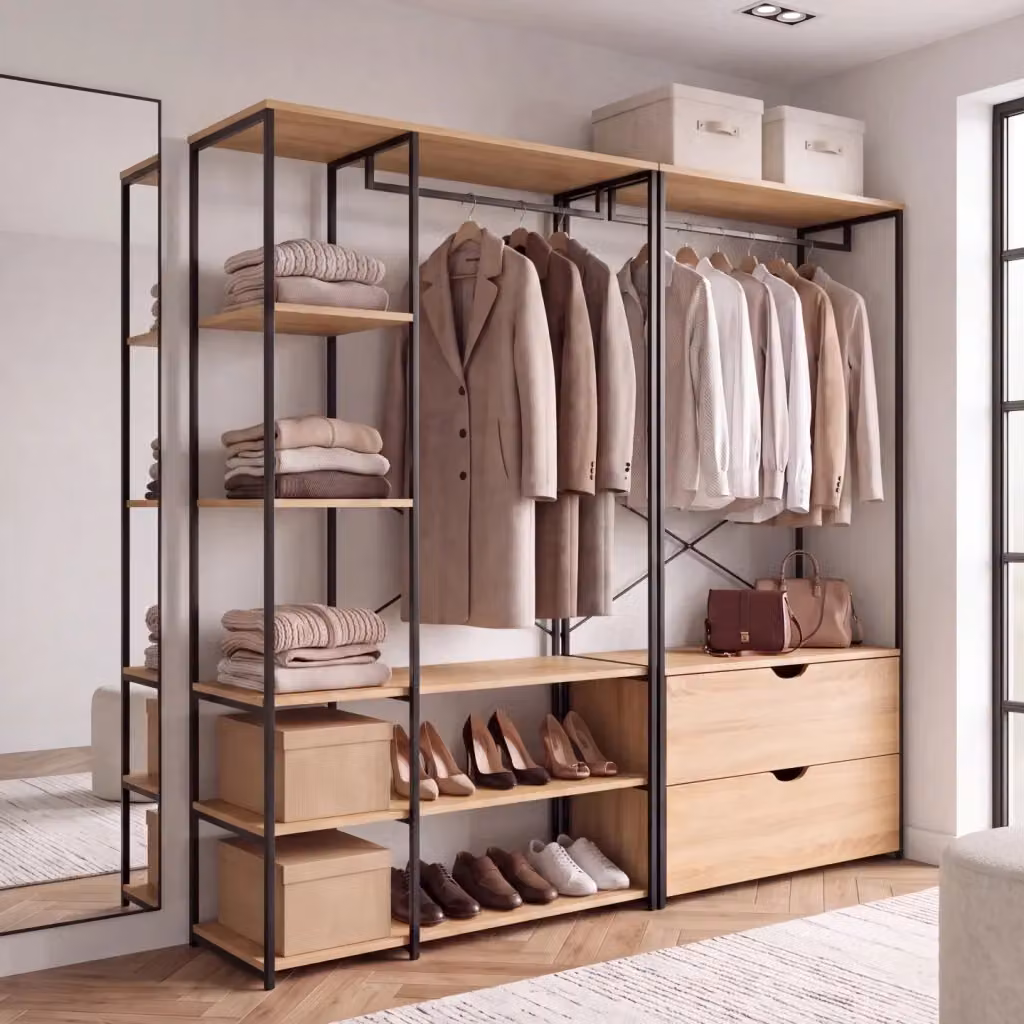 IDMarket Armadio componibile DETROIT design industriale con doppio guardaroba, ripiani e 2 cassetti, L: 170 cm, P: 40 cm, H: 167 cm, Nero e Marrone – 2
