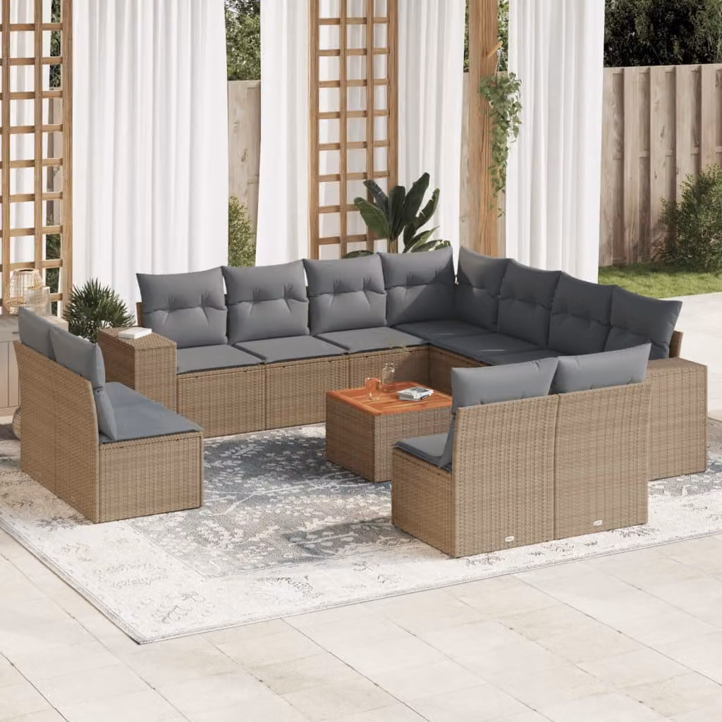 Set di divani da giardino vidaXL a forma di L composto da 12 pezzi con cuscini beige in polyrattan e legno di acacia – 1