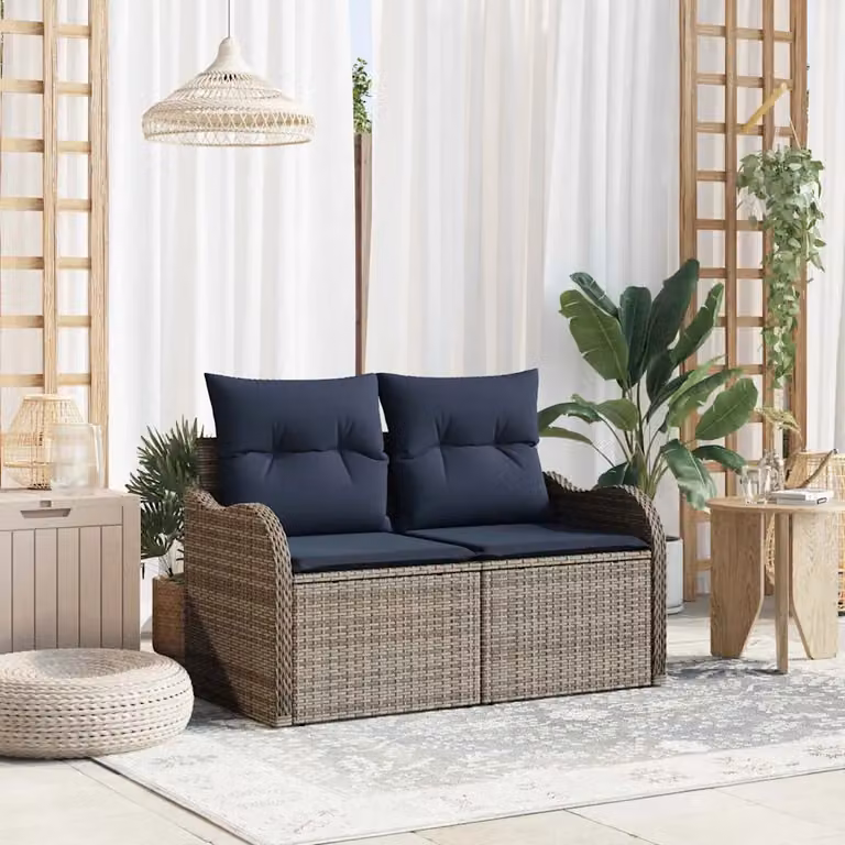 Divano da giardino moderno vidaXL in polyrattan con cuscini blu e grigi, L: 121 cm, P: 62 cm, H: 69 cm