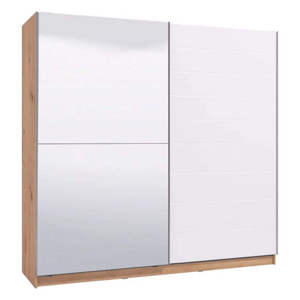 Armadio da camera da letto moderno DMORA Valsinni con ante scorrevoli e specchio, Bianco e Rovere, L: 217 cm, H: 210 cm – 2