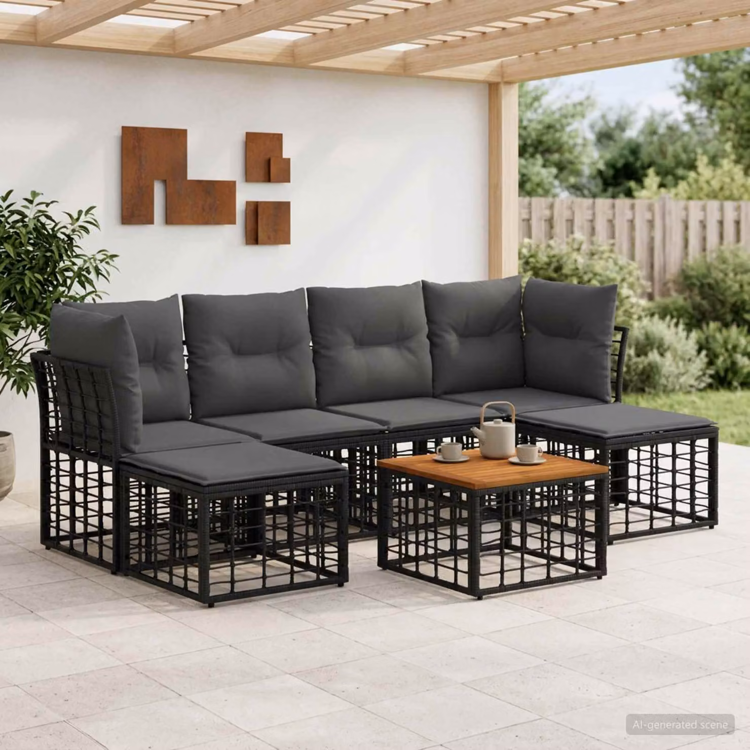 vidaXL Set di divani da esterno 7 pz moderno con elementi angolari, pouf e tavolino, nero e grigio scuro