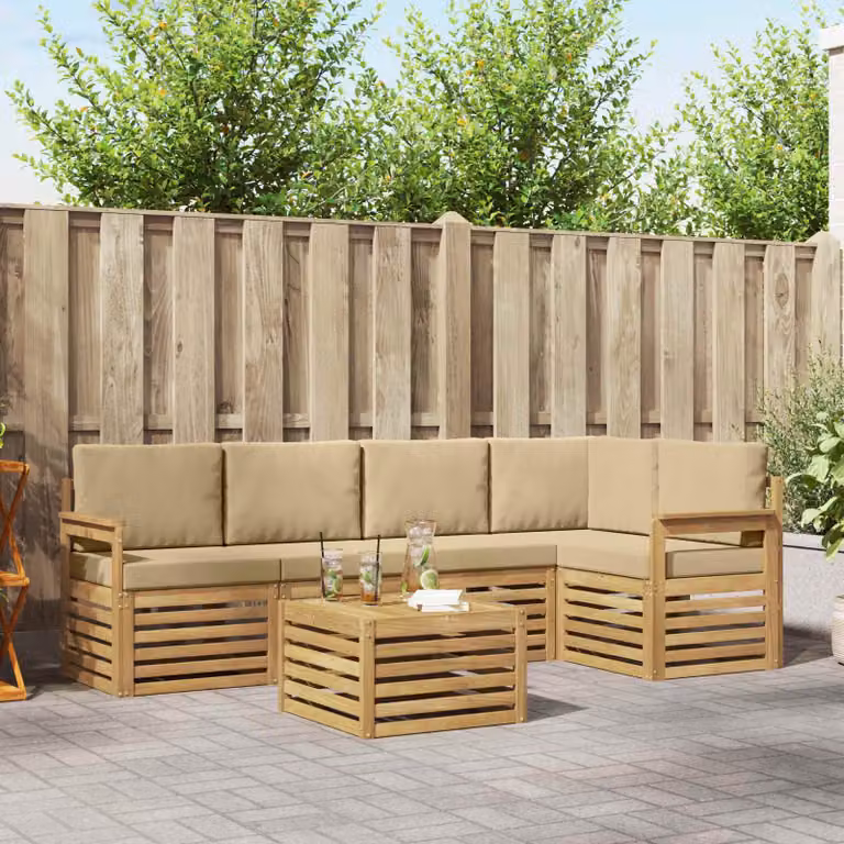 Set di divani da esterno vidaXL 6 pezzi in legno di acacia con cuscini Bianco e Beige