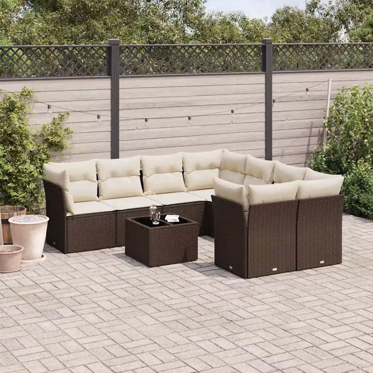 vidaXL Set Divani da Giardino a L con Tavolino da Caffè 9pz Marrone e Bianco in Polyrattan con Cuscini Rimovibili e Struttura in Acciaio