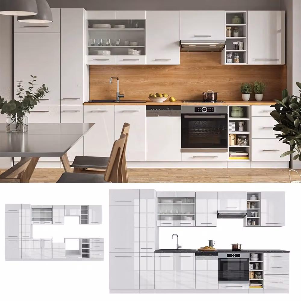 Cucina componibile moderna Fame-Line Vicco Bianco lucido e Rovere, L: 355 cm – 2
