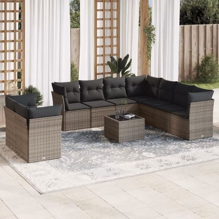 vidaXL Set Divano da Giardino 10 pz a L con Cuscini Grigio in Polyrattan e Tavolino da Esterno