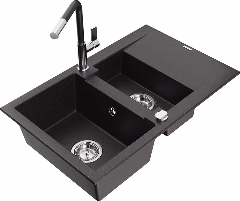 Mexen Gaspar lavello in granito con 1,5 vasche con scolapiatti e rubinetto da cucina Flora, nero/oro metallizzato