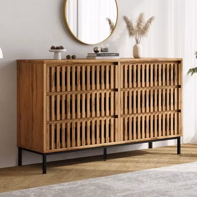 Credenza bassa WISHDOR con 6 cassetti in stile scandinavo, design geometrico in MDF, colore marrone, L 120 cm x P 40 cm x H 81 cm