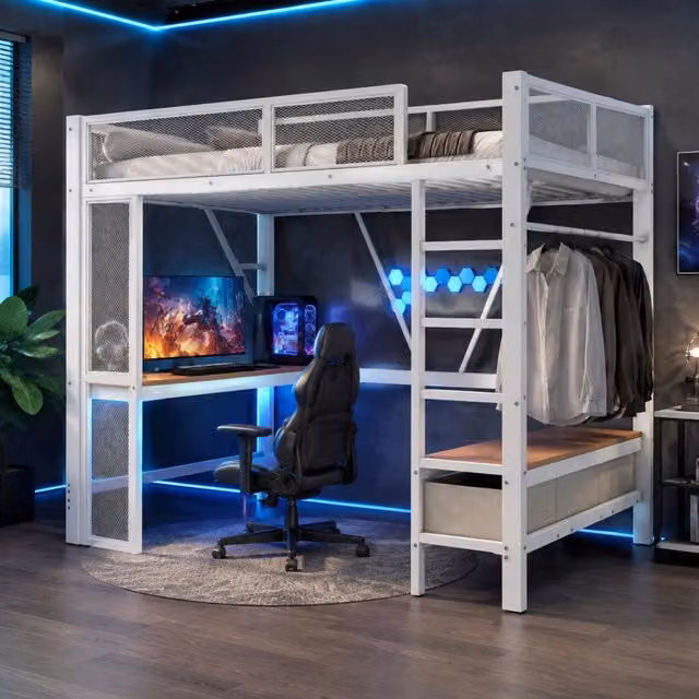Letto a soppalco 140x200 cm bianco con scrivania, LED, armadio aperto e 3 cassetti