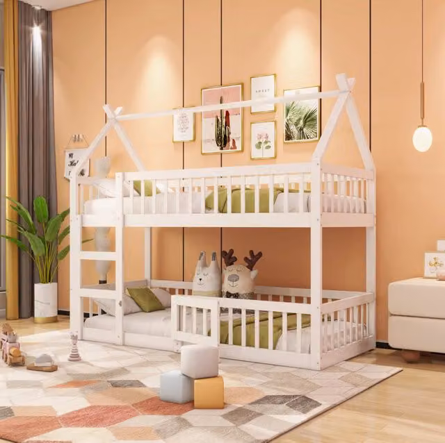Letto a castello ULEVR 90x200 cm con scala integrata, sponde alte e porta apribile, bianco