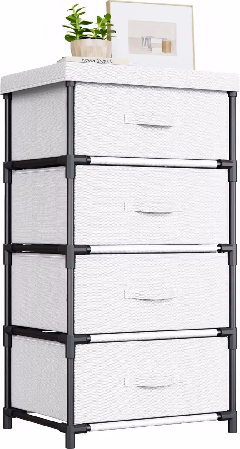 Comodino con 4 cassetti, bianco, armadio imbottito, per la camera da letto