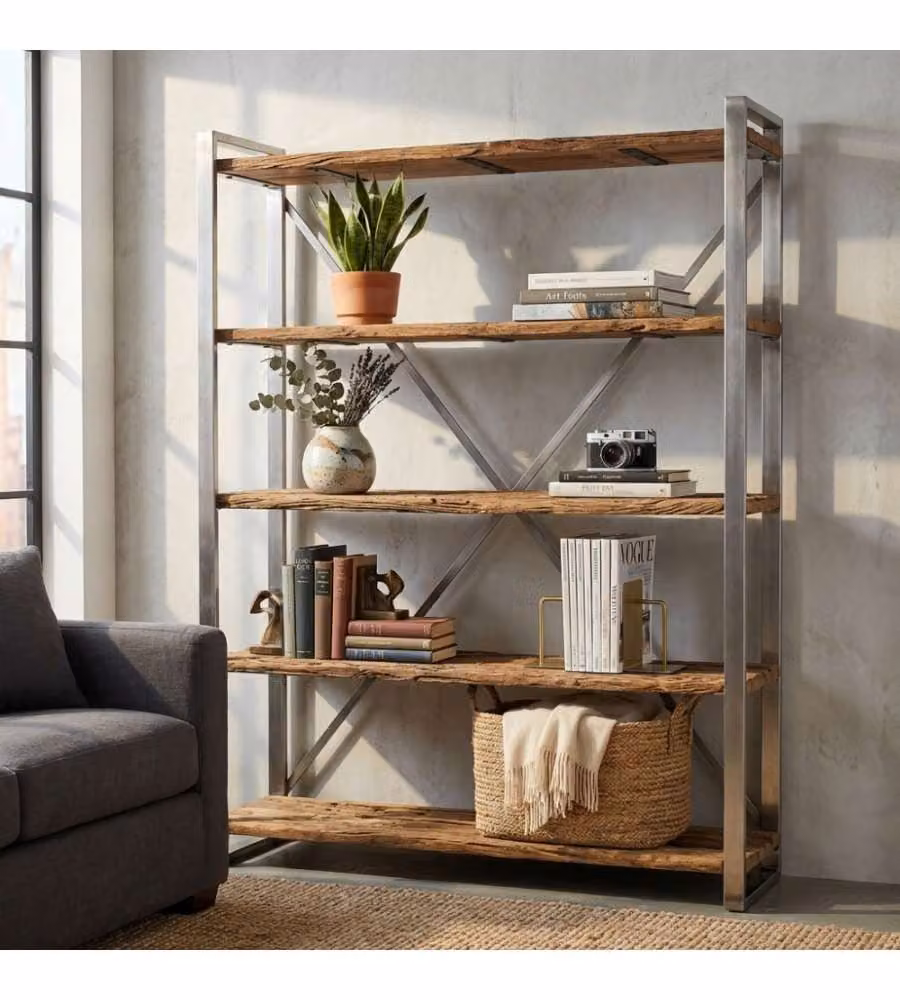 Cosma Mobile Zeke - Libreria Rettangolare Legno Riciclato 118x37x218 cm Marrone