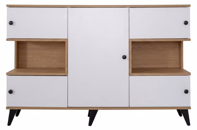 Consolle in legno bianco con ripiani, mobile di design, arredamento per soggiorno