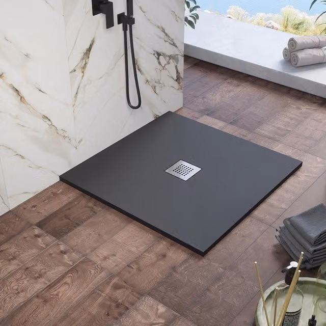 Piatto doccia quadrato Kos in marmoresina nero effetto pietra L/P: 80 x 80 cm – 1