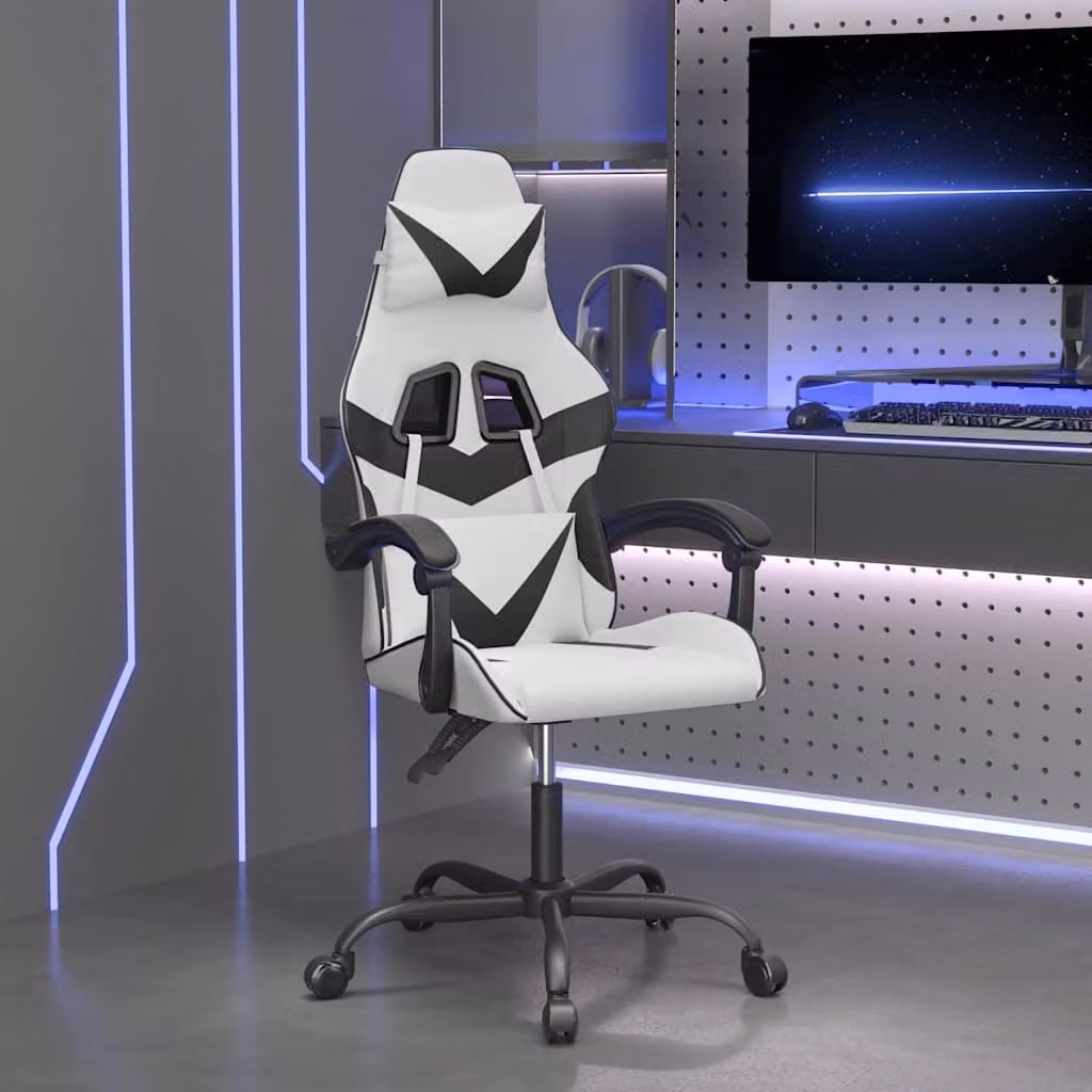 Sedia da Gaming Girevole vidaXL in Similpelle Bianco e Nero con Poggiatesta e Braccioli