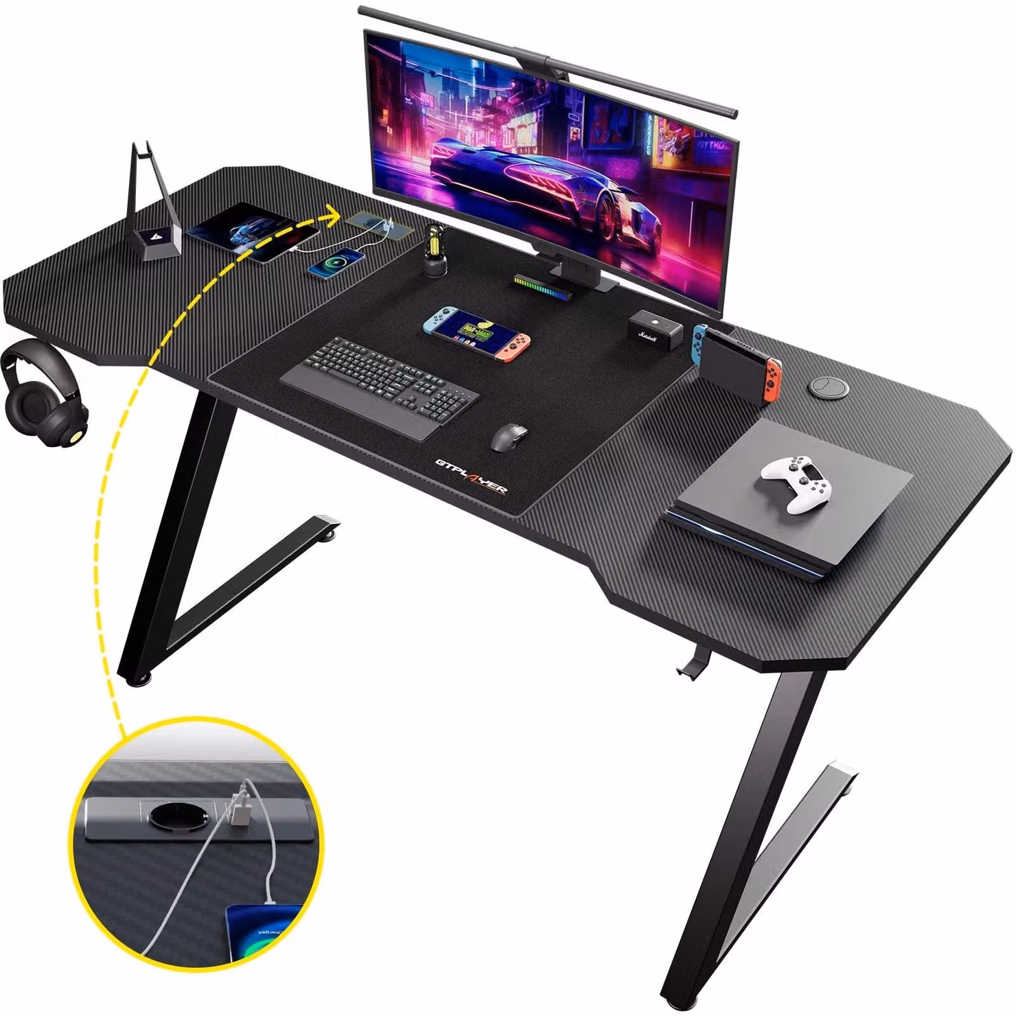 Tavolo per computer - Scrivania per computer - Mobile per computer - Tavolo per laptop - Tavolo da gaming - Con presa di corrente - 120 x 60 cm
