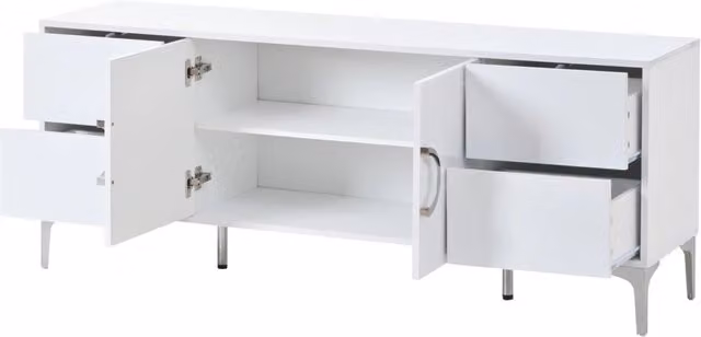 Sideboard bianco lucido 150x38x59,5 cm con 4 cassetti senza maniglia e 2 ante in MDF con piedi in metallo