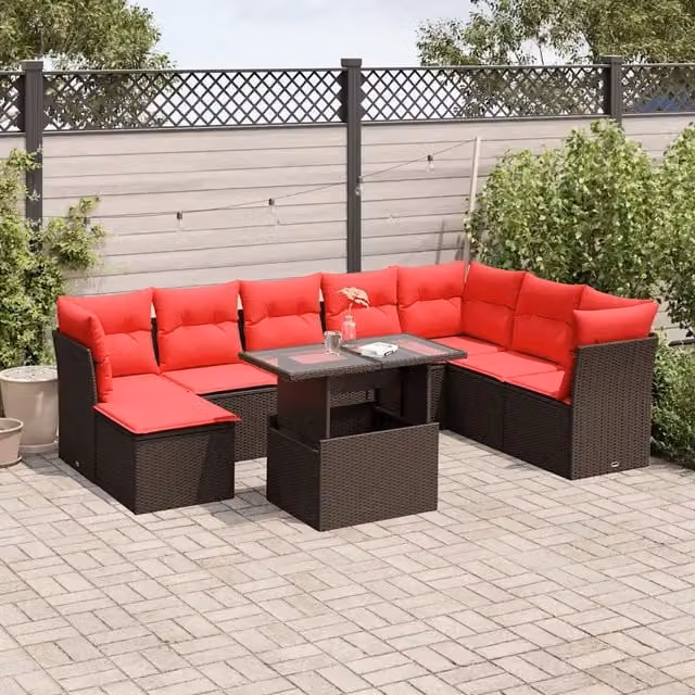 Set di divani da giardino vidaXL a forma di U composto da 9 pezzi con cuscini marroni e rossi in rattan e metallo con tavolino da caffè e pouf – 1