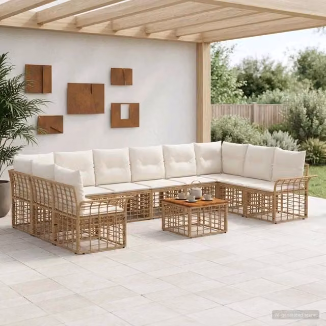Set di divani da esterno 11 pz 10-Posti Naturale e Bianco Crema 3437764